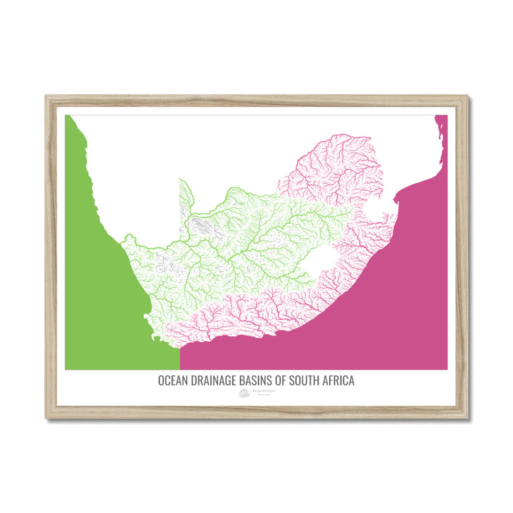 Sudáfrica - Mapa de la cuenca de drenaje oceánico, blanco v2 - Lámina enmarcada