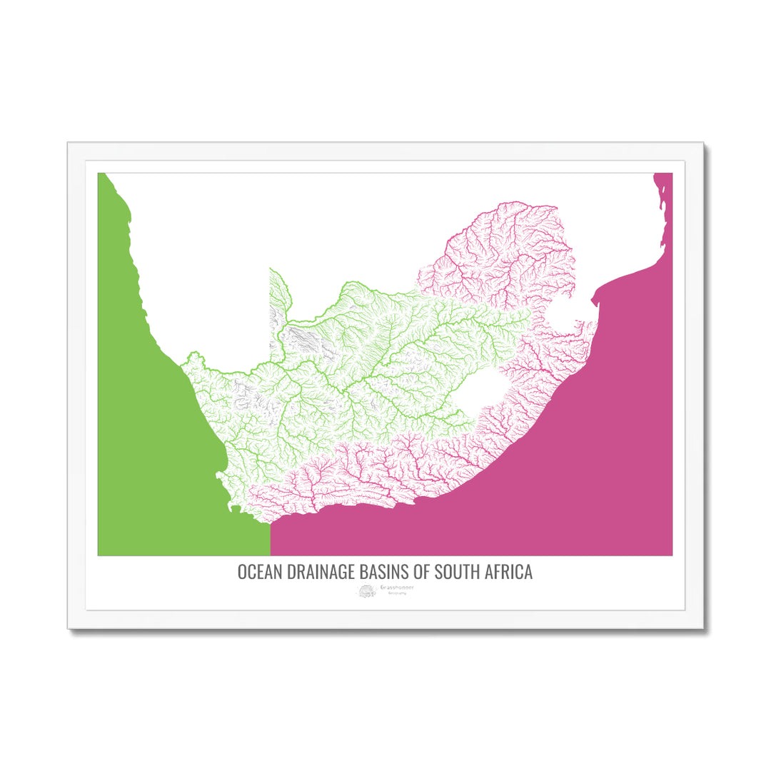 Afrique du Sud - Carte du bassin versant océanique, blanc v2 - Impression encadrée