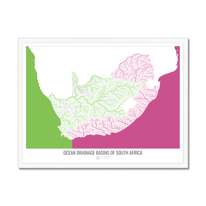 Sudáfrica - Mapa de la cuenca de drenaje oceánico, blanco v2 - Lámina enmarcada