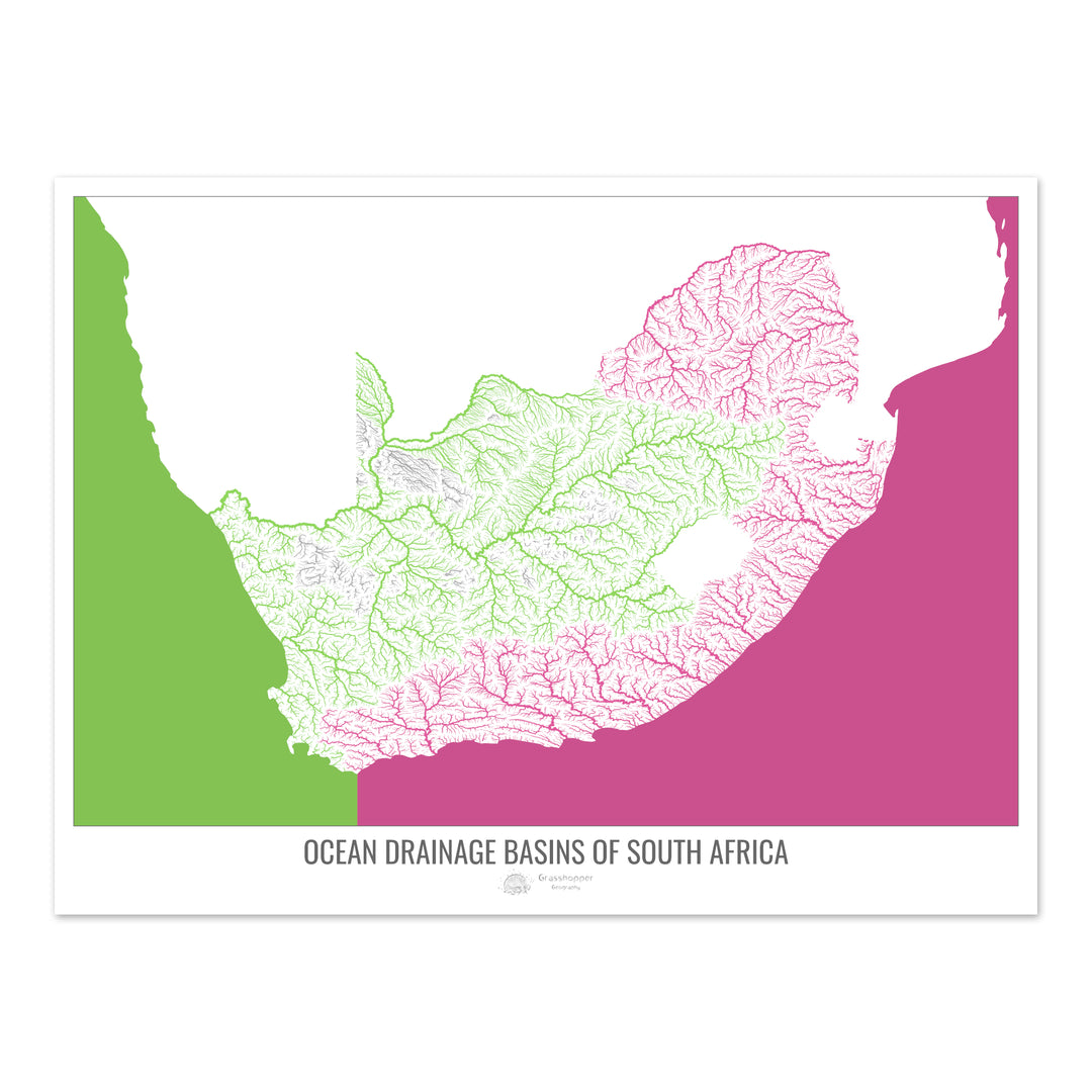 Sudáfrica - Mapa de la cuenca de drenaje oceánico, blanco v2 - Impresión de bellas artes