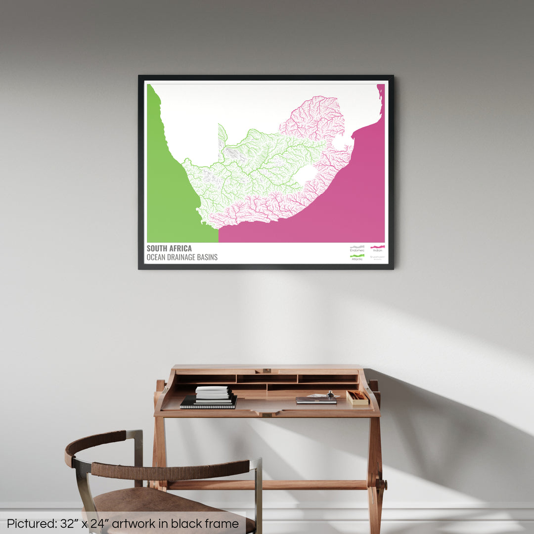 South Africa - Ocean drainage basin map, white with legend v2 - Framed Print