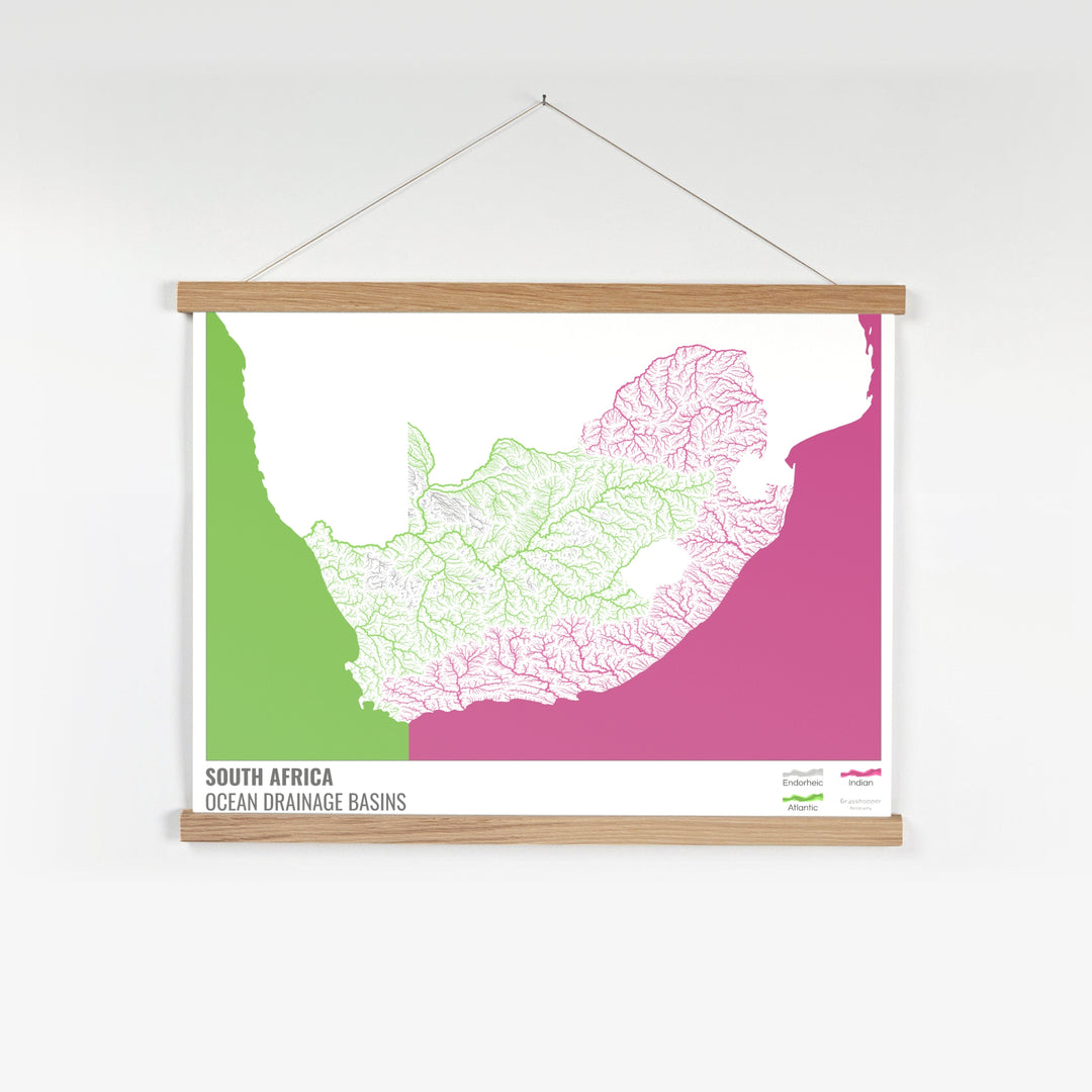 Sudáfrica - Mapa de la cuenca hidrográfica del océano, blanco con leyenda v2 - Impresión artística con colgador