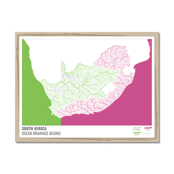 South Africa - Ocean drainage basin map, white with legend v2 - Framed Print