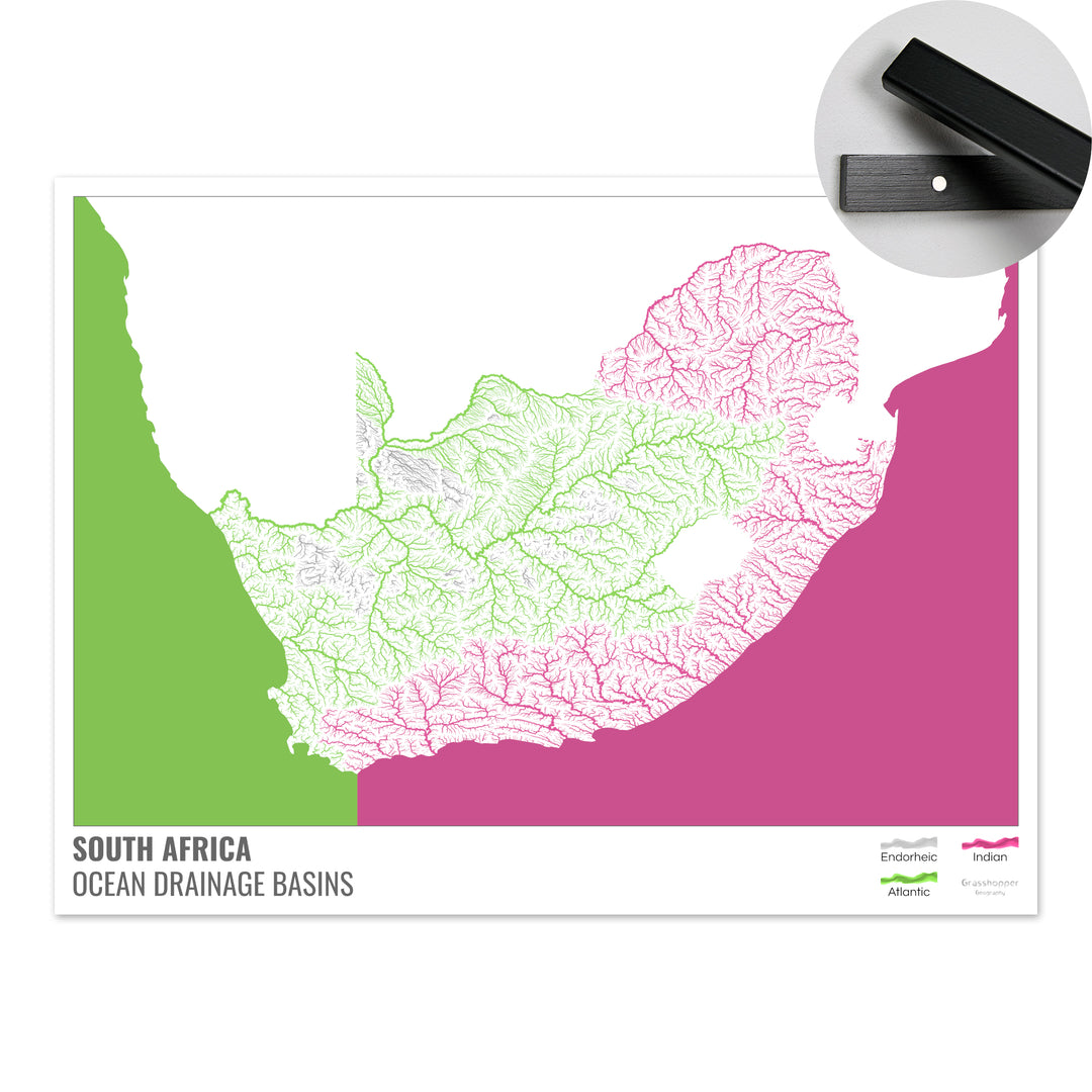 Sudáfrica - Mapa de la cuenca hidrográfica del océano, blanco con leyenda v2 - Impresión artística con colgador