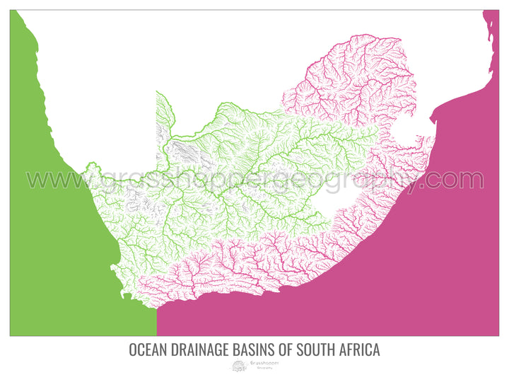 Sudáfrica - Mapa de la cuenca de drenaje oceánico, blanco v2 - Impresión de bellas artes