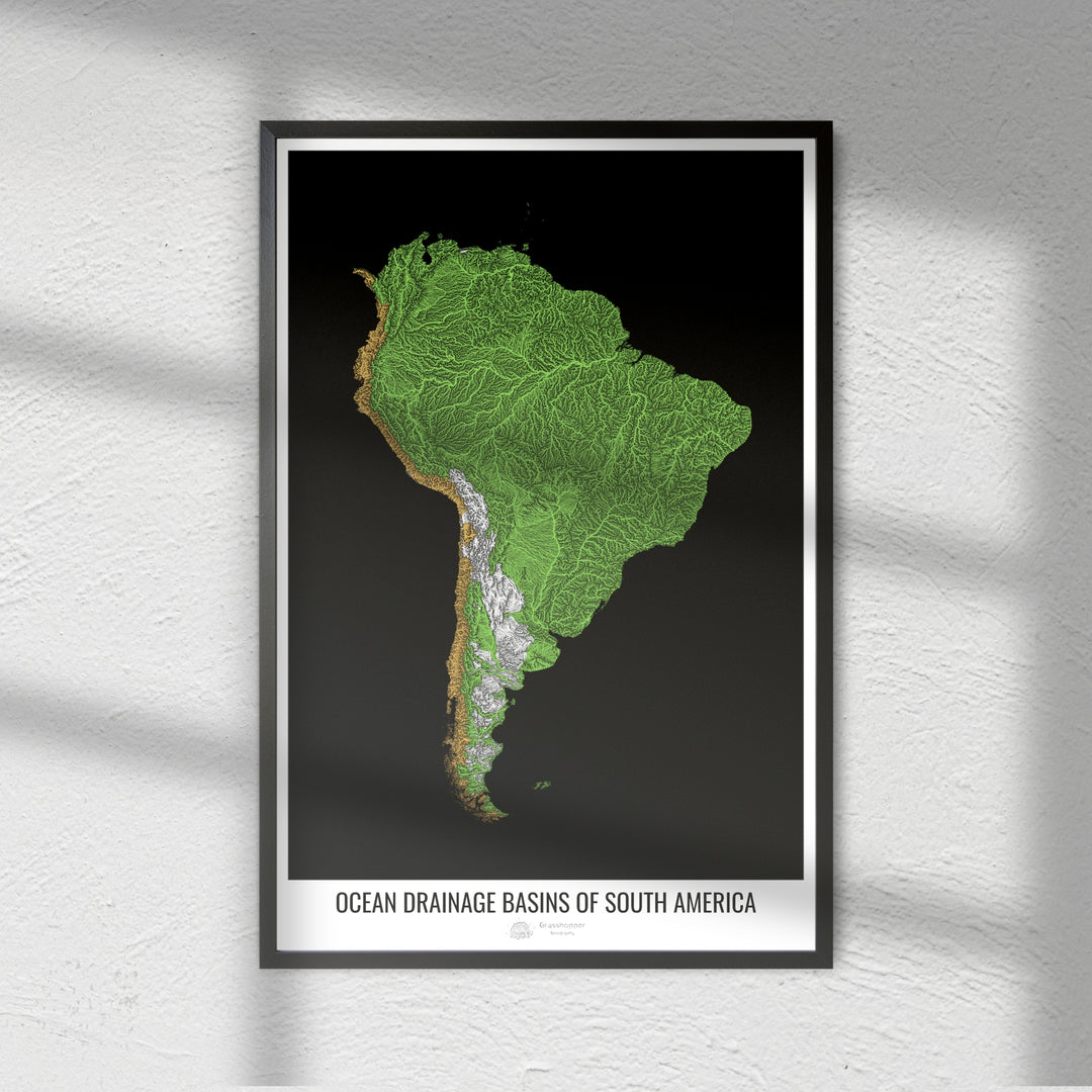 South America - Ocean drainage basin map, black v1 - Fine Art Print