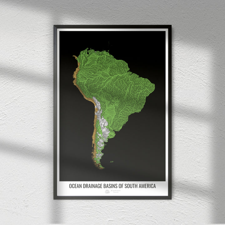 América del Sur - Mapa de la cuenca de drenaje oceánico, negro v1 - Impresión de bellas artes