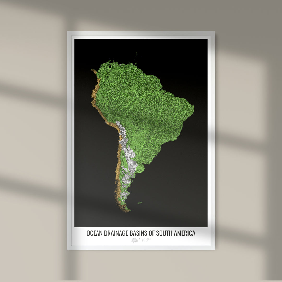 South America - Ocean drainage basin map, black v1 - Photo Art Print