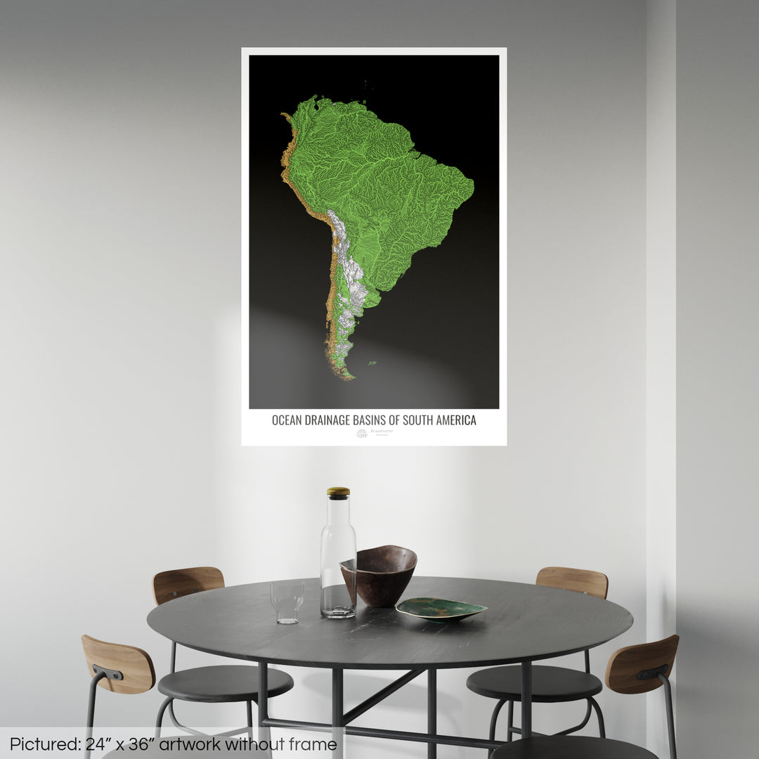 Amérique du Sud - Carte des bassins versants océaniques, noir v1 - Tirage photo artistique