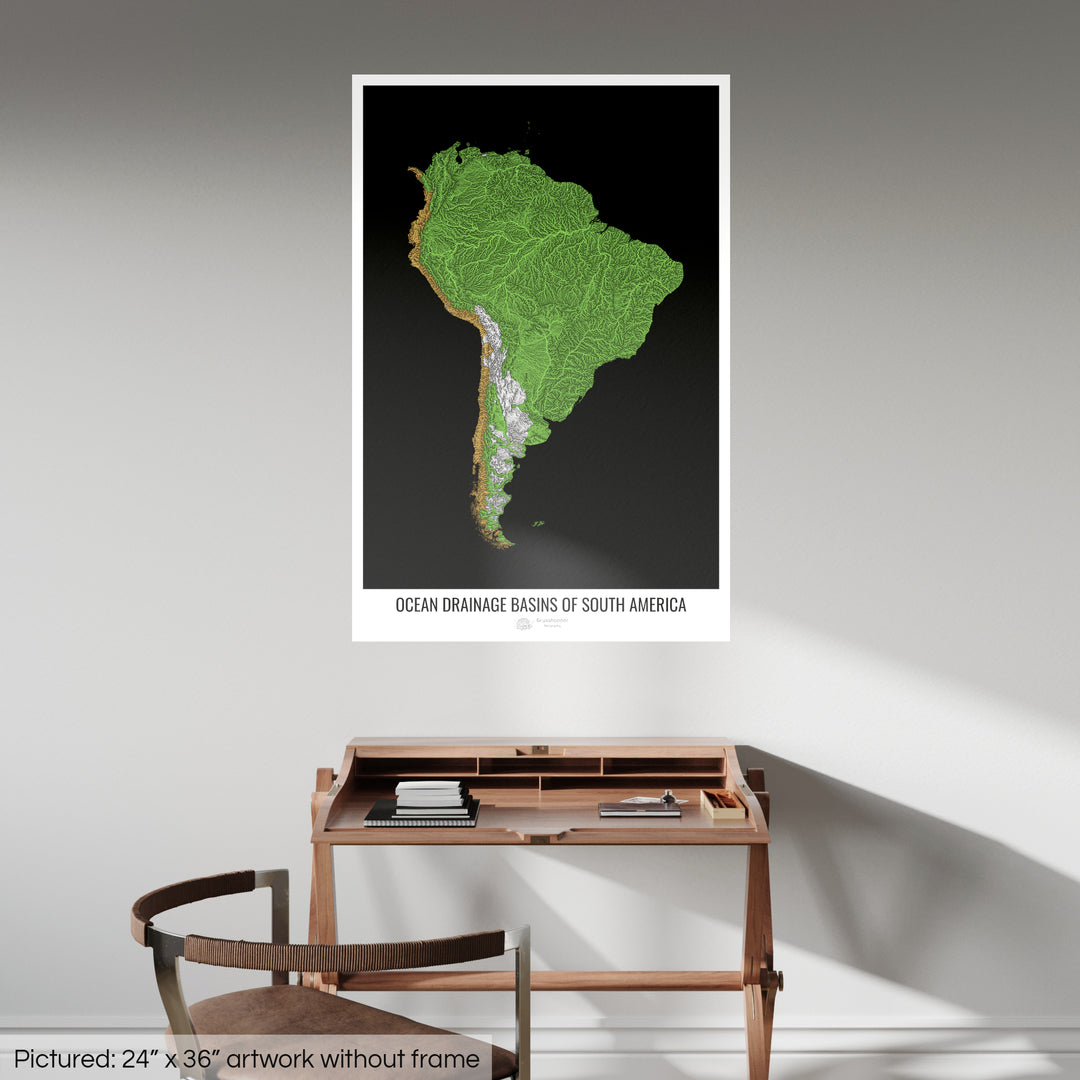 Amérique du Sud - Carte des bassins hydrographiques océaniques, noir v1 - Fine Art Print