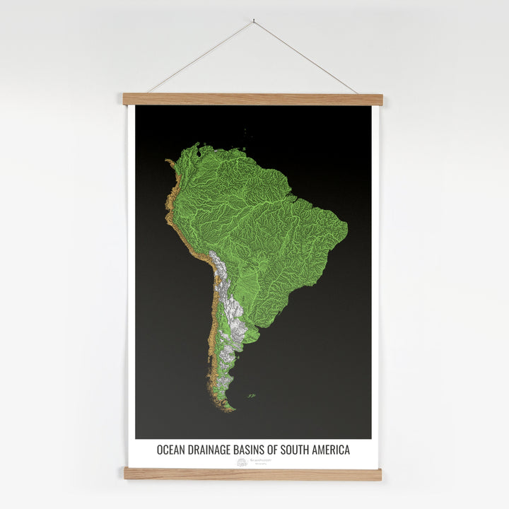 América del Sur - Mapa de la cuenca hidrográfica del océano, negro v1 - Impresión artística con colgador