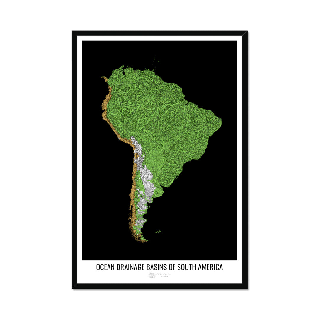 South America - Ocean drainage basin map, black v1 - Framed Print