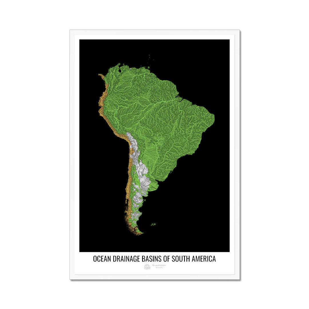 Amérique du Sud - Carte des bassins versants océaniques, noir v1 - Impression encadrée