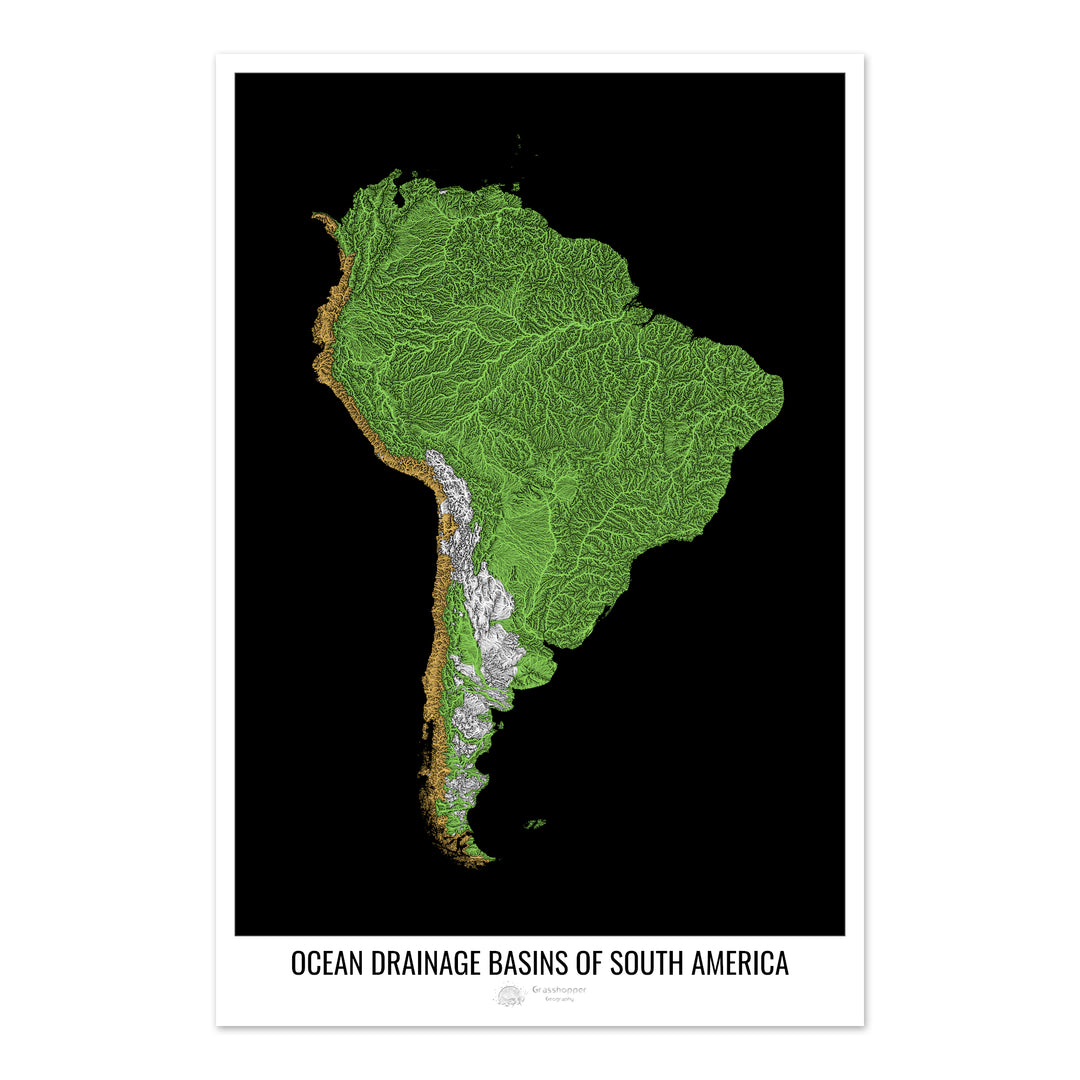 América del Sur - Mapa de la cuenca de drenaje oceánico, negro v1 - Impresión de bellas artes