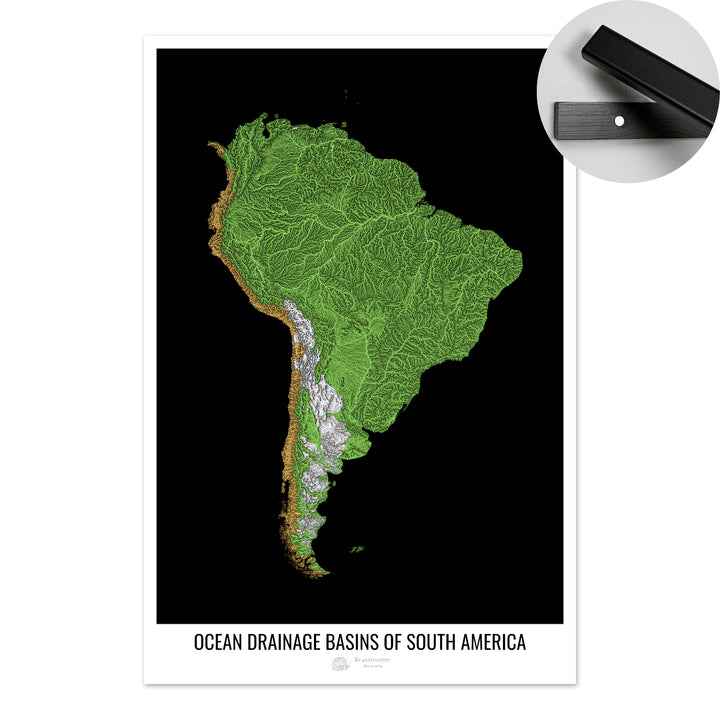 América del Sur - Mapa de la cuenca hidrográfica del océano, negro v1 - Impresión artística con colgador