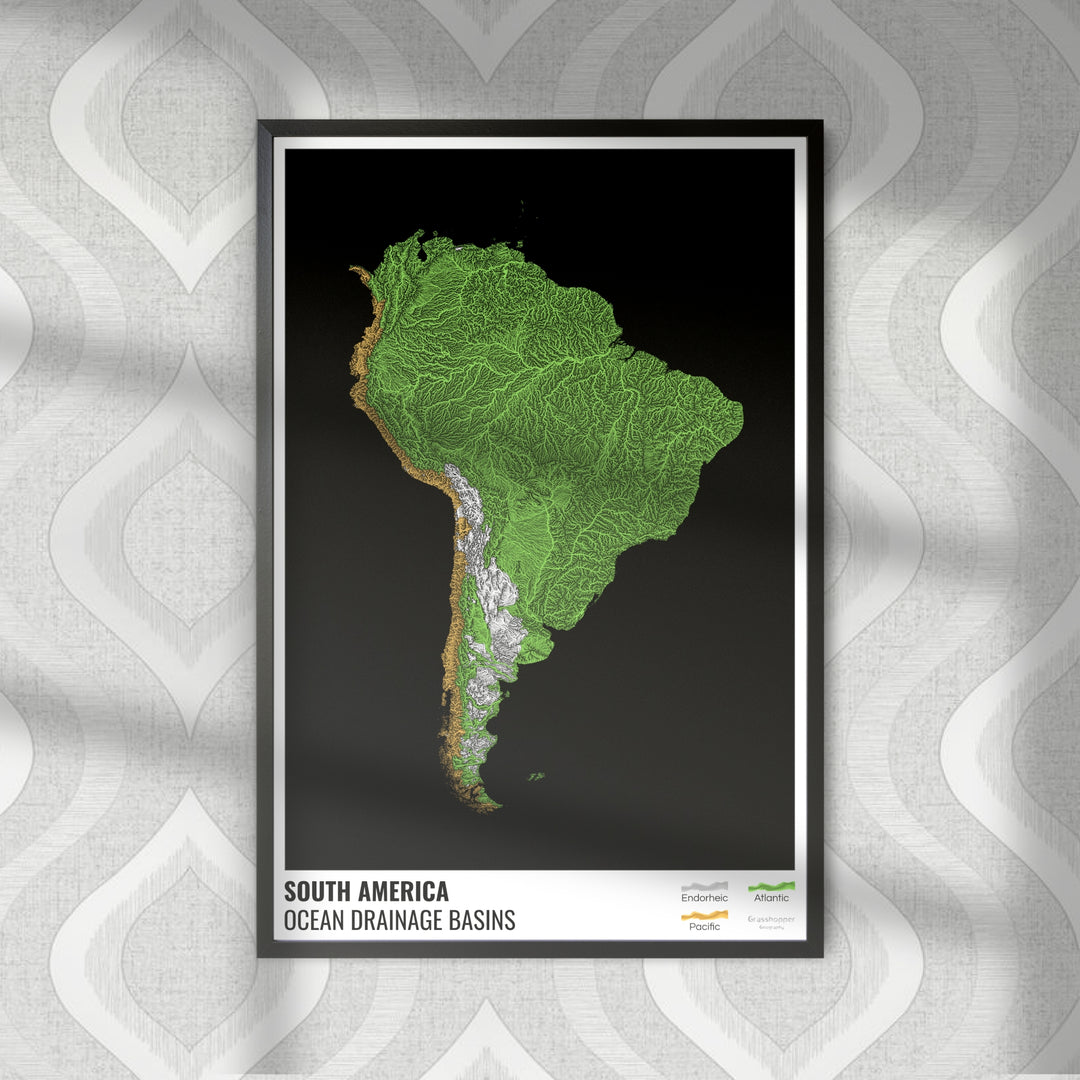 Amérique du Sud - Carte des bassins hydrographiques océaniques, noire avec légende v1 - Tirage photo artistique
