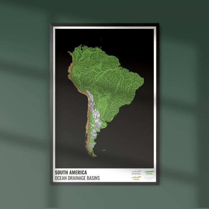 South America - Ocean drainage basin map, black with legend v1 - Fine Art Print