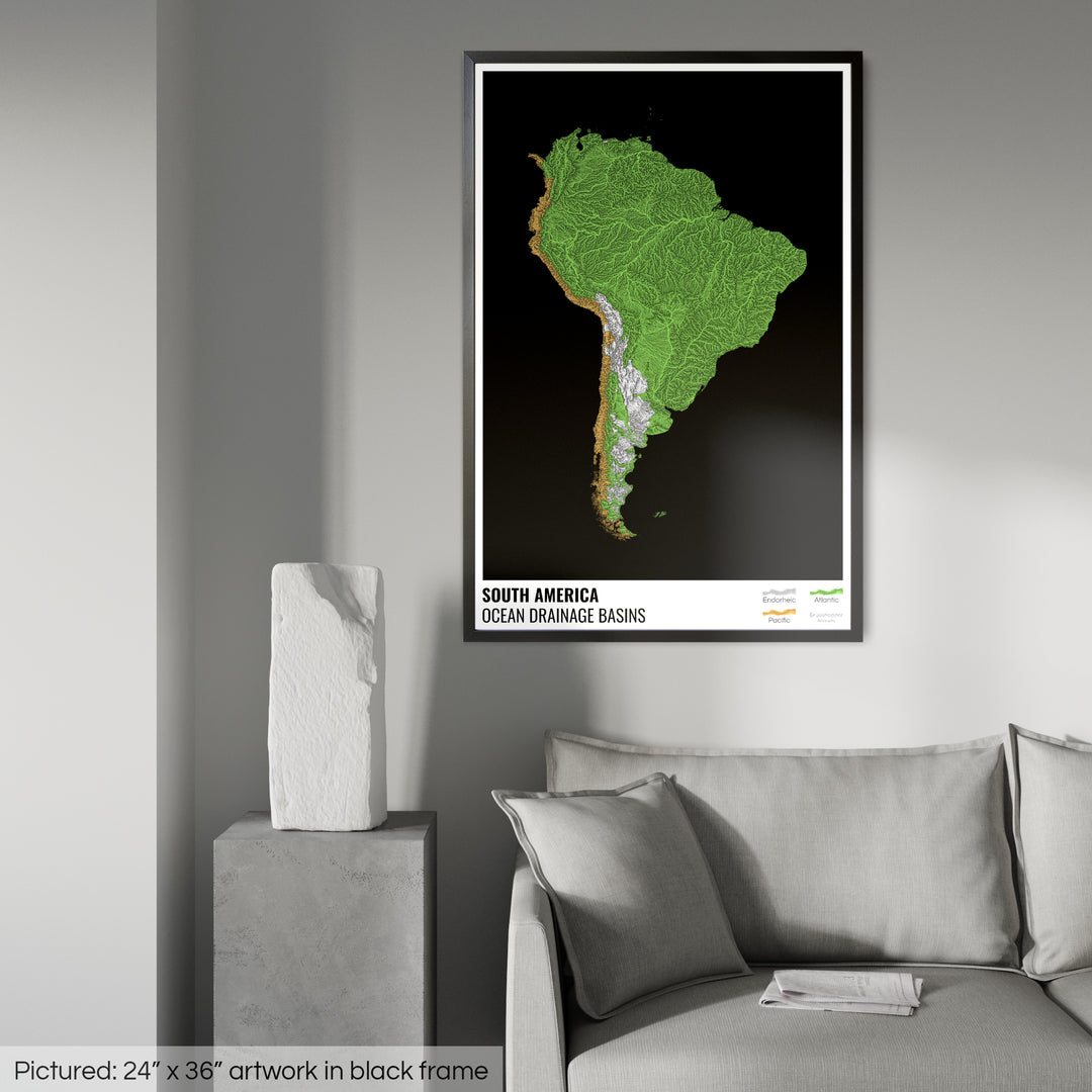 Amérique du Sud - Carte des bassins hydrographiques océaniques, noire avec légende v1 - Impression encadrée