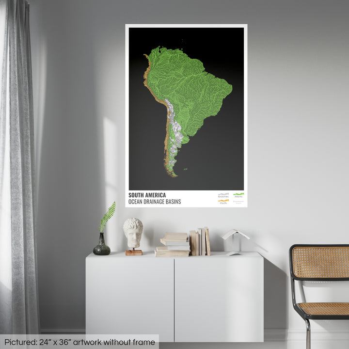 Amérique du Sud - Carte des bassins hydrographiques océaniques, noire avec légende v1 - Tirage photo artistique