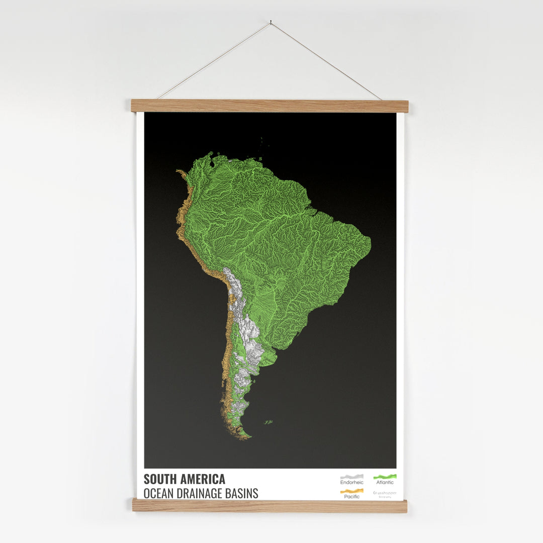 América del Sur - Mapa de la cuenca hidrográfica del océano, negro con leyenda v1 - Impresión artística con colgador