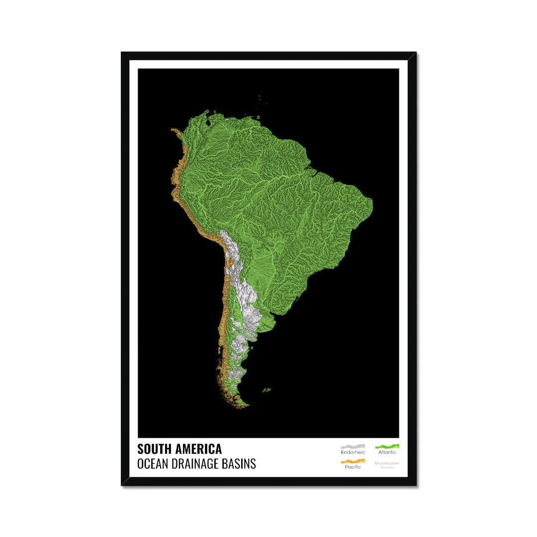 Amérique du Sud - Carte des bassins hydrographiques océaniques, noire avec légende v1 - Impression encadrée