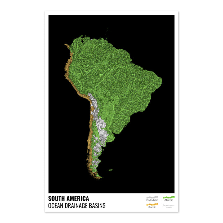 South America - Ocean drainage basin map, black with legend v1 - Fine Art Print