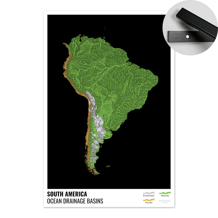 South America - Ocean drainage basin map, black with legend v1 - Fine Art Print with Hanger
