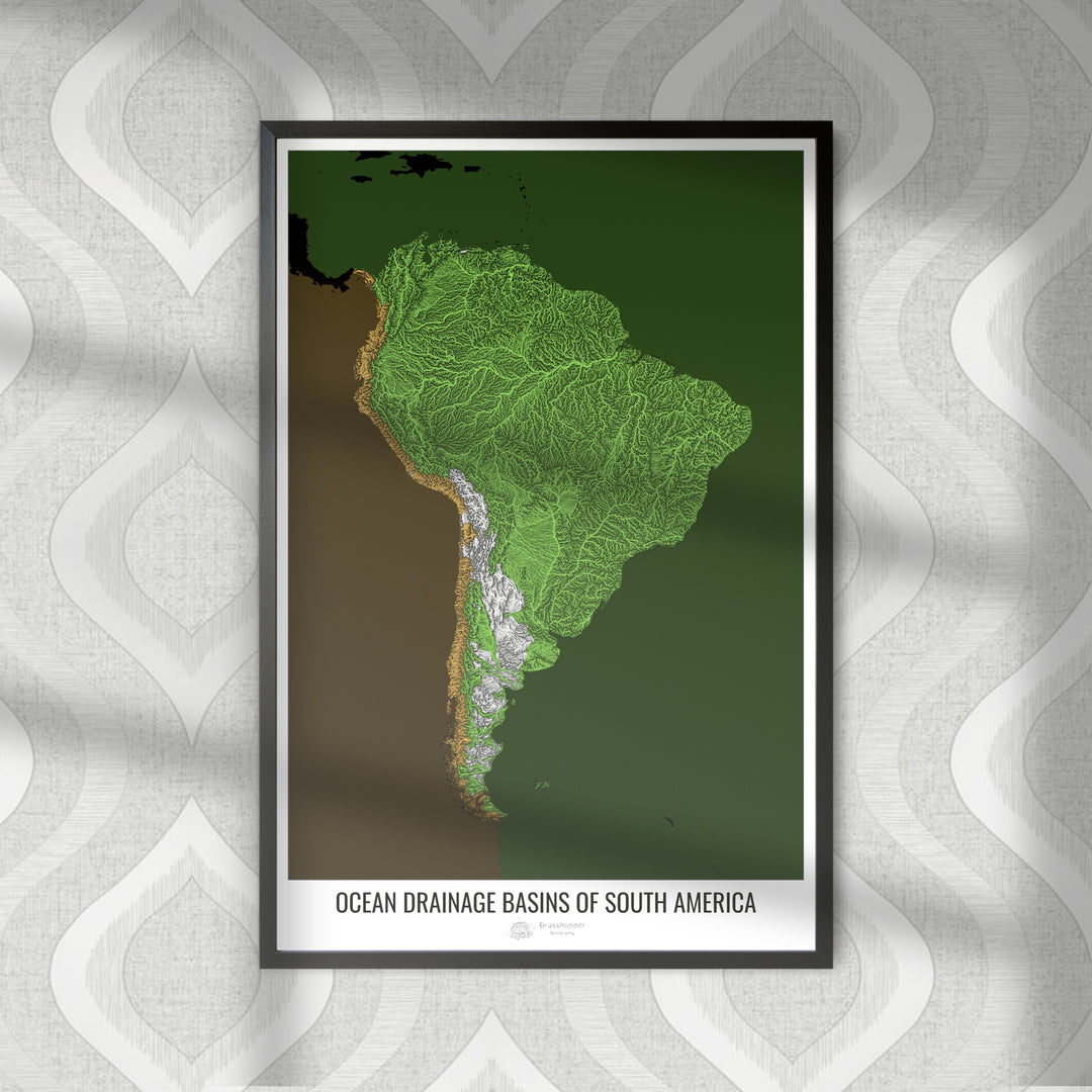 América del Sur - Mapa de la cuenca hidrográfica del océano, negro v2 - Impresión fotográfica