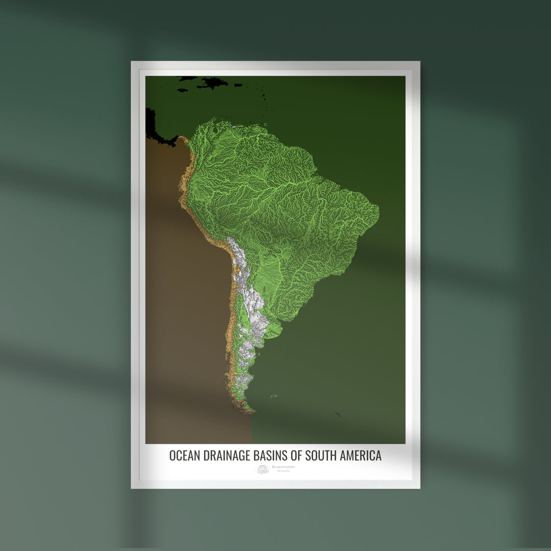 América del Sur - Mapa de la cuenca de drenaje oceánico, negro v2 - Impresión de bellas artes