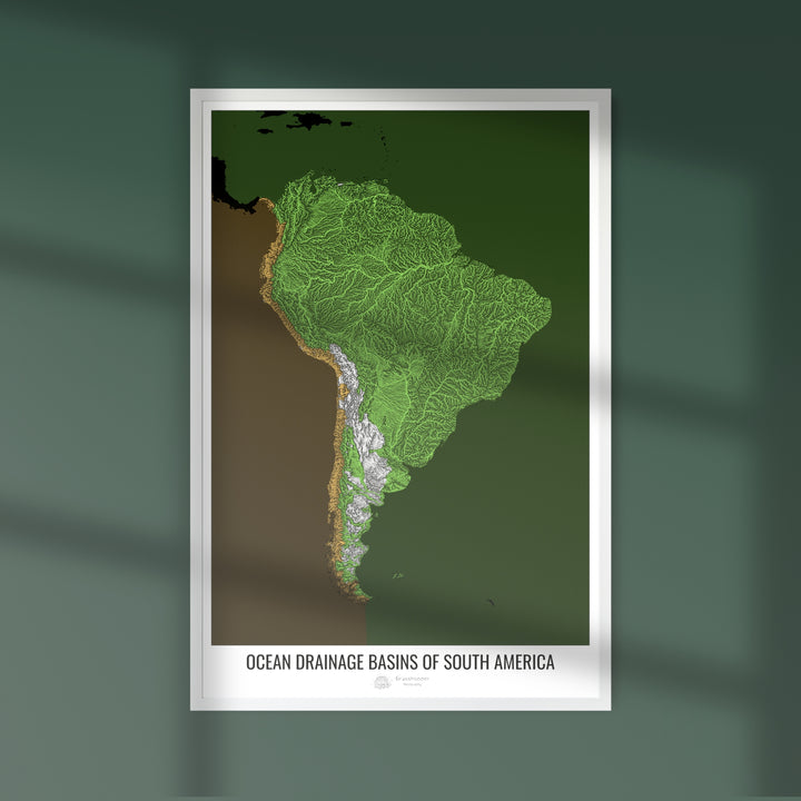 América do Sul - Mapa da bacia de drenagem oceânica, preto v2 - Impressão de belas artes