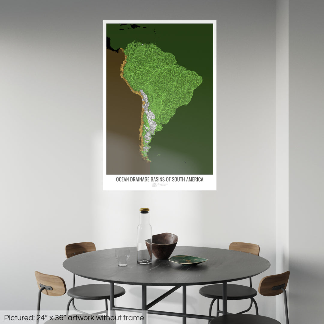South America - Ocean drainage basin map, black v2 - Photo Art Print