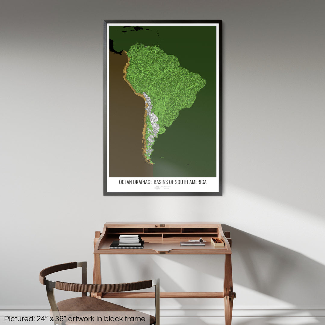 Amérique du Sud - Carte des bassins versants océaniques, noir v2 - Impression encadrée