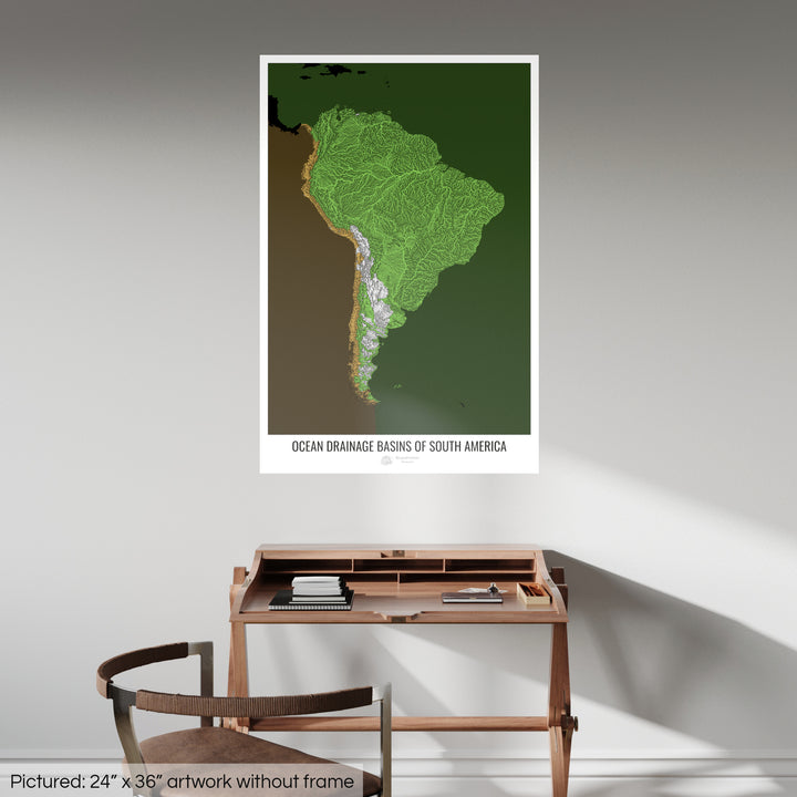 Amérique du Sud - Carte des bassins hydrographiques océaniques, noir v2 - Fine Art Print