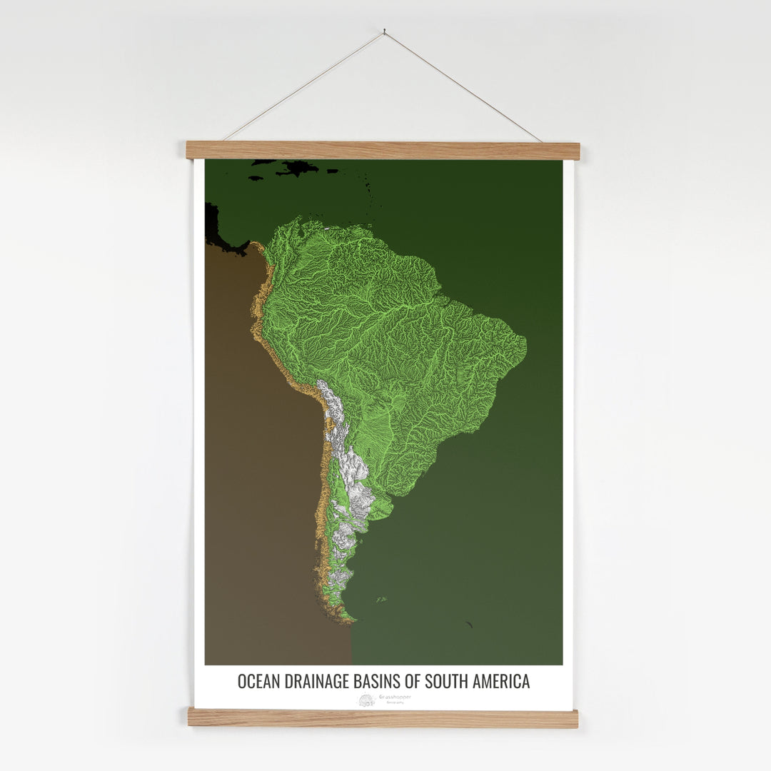 South America - Ocean drainage basin map, black v2 - Fine Art Print with Hanger