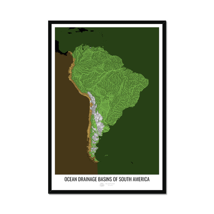 América del Sur - Mapa de la cuenca hidrográfica del océano, negro v2 - Lámina enmarcada