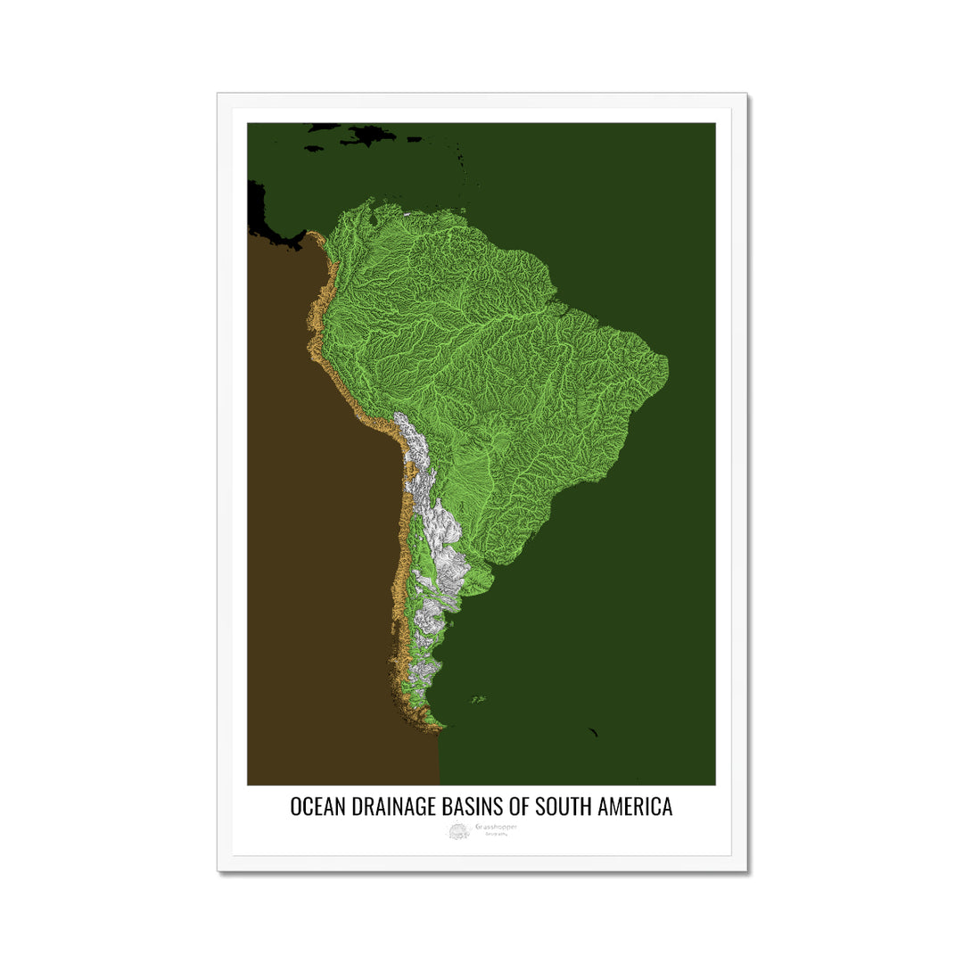 América del Sur - Mapa de la cuenca hidrográfica del océano, negro v2 - Lámina enmarcada