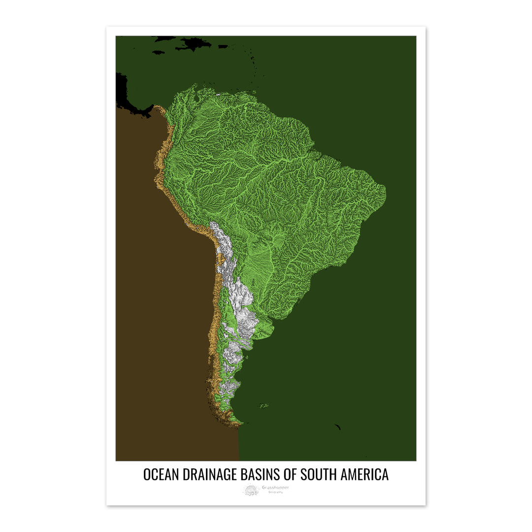 América del Sur - Mapa de la cuenca de drenaje oceánico, negro v2 - Impresión de bellas artes