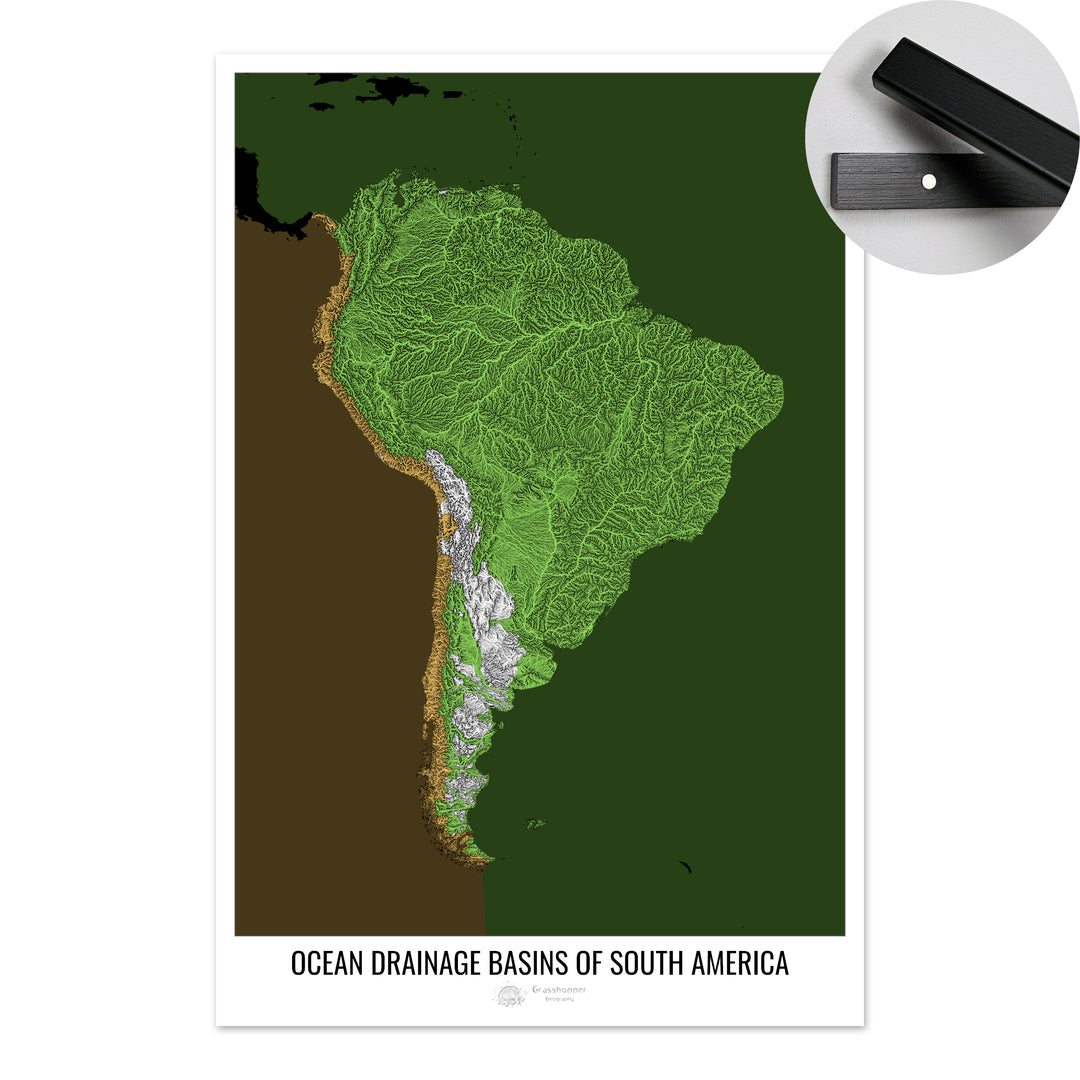 Amérique du Sud - Carte des bassins versants océaniques, noir v2 - Tirage d'art avec cintre