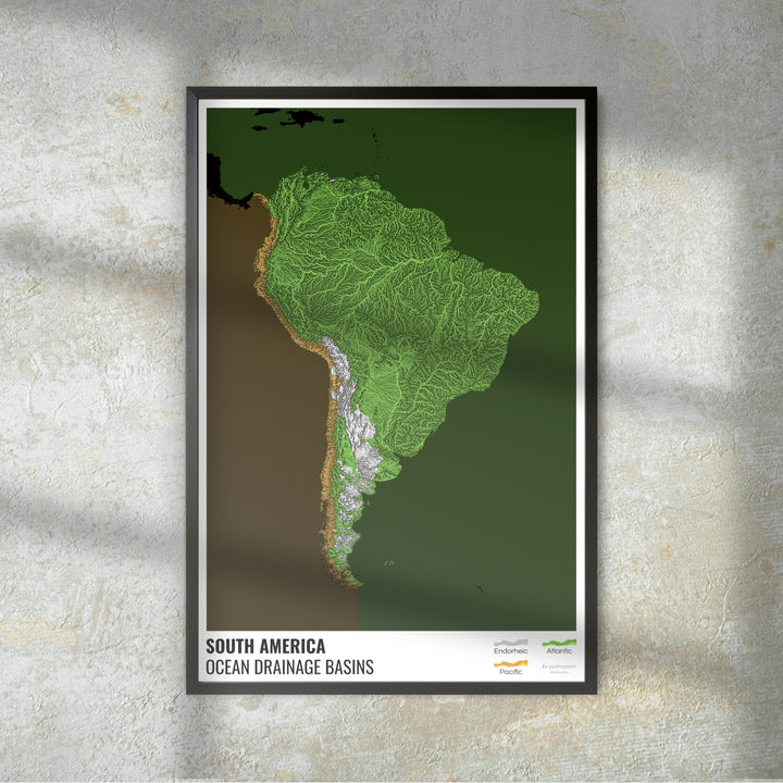 América del Sur - Mapa de la cuenca hidrográfica del océano, negro con leyenda v2 - Impresión de bellas artes
