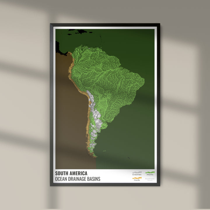 América del Sur - Mapa de la cuenca hidrográfica del océano, negro con leyenda v2 - Impresión fotográfica