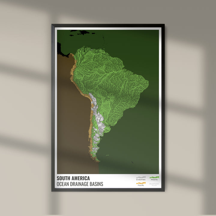 América do Sul - Mapa da bacia de drenagem oceânica, preto com legenda v2 - Impressão de arte fotográfica
