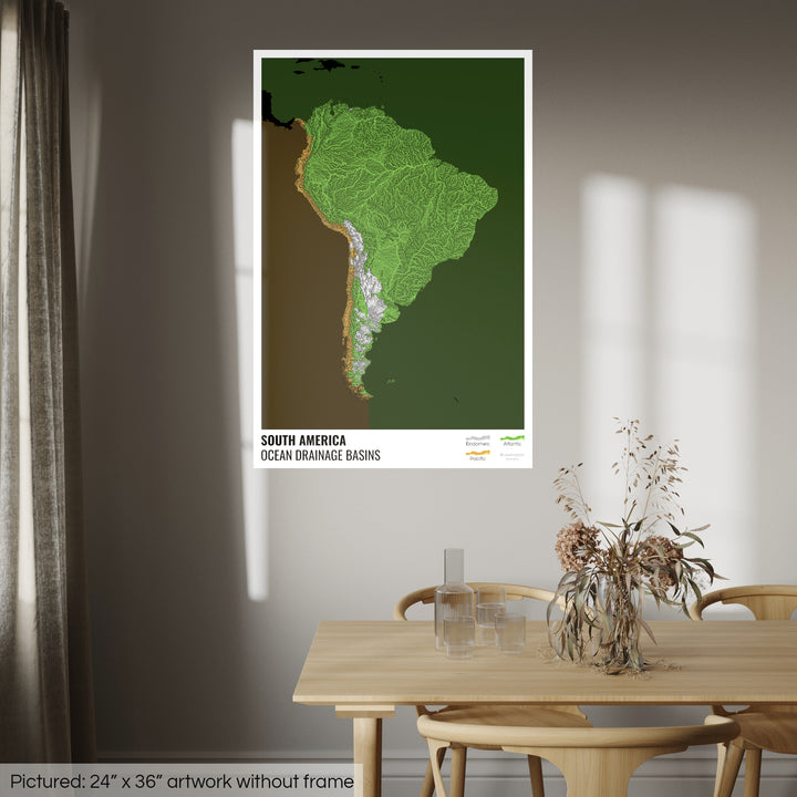 América do Sul - Mapa da bacia de drenagem oceânica, preto com legenda v2 - Impressão de arte fotográfica