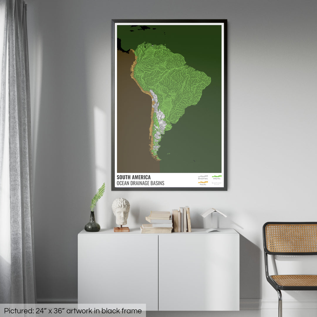 South America - Ocean drainage basin map, black with legend v2 - Framed Print