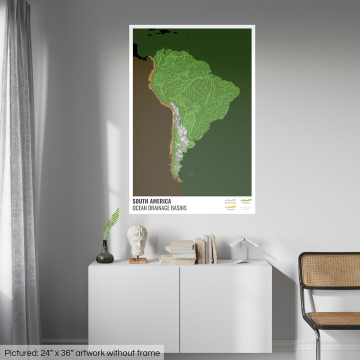 América del Sur - Mapa de la cuenca hidrográfica del océano, negro con leyenda v2 - Impresión de bellas artes