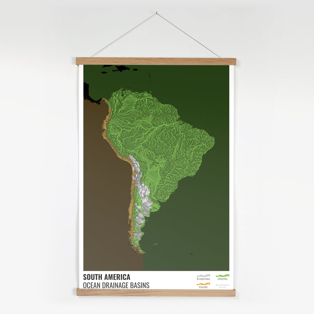 América del Sur - Mapa de la cuenca hidrográfica del océano, negro con leyenda v2 - Impresión artística con colgador