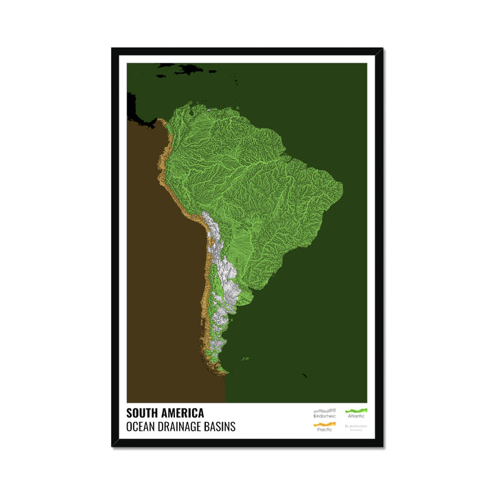 South America - Ocean drainage basin map, black with legend v2 - Framed Print