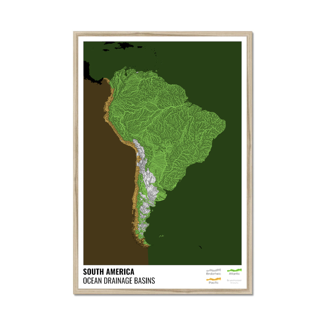 South America - Ocean drainage basin map, black with legend v2 - Framed Print