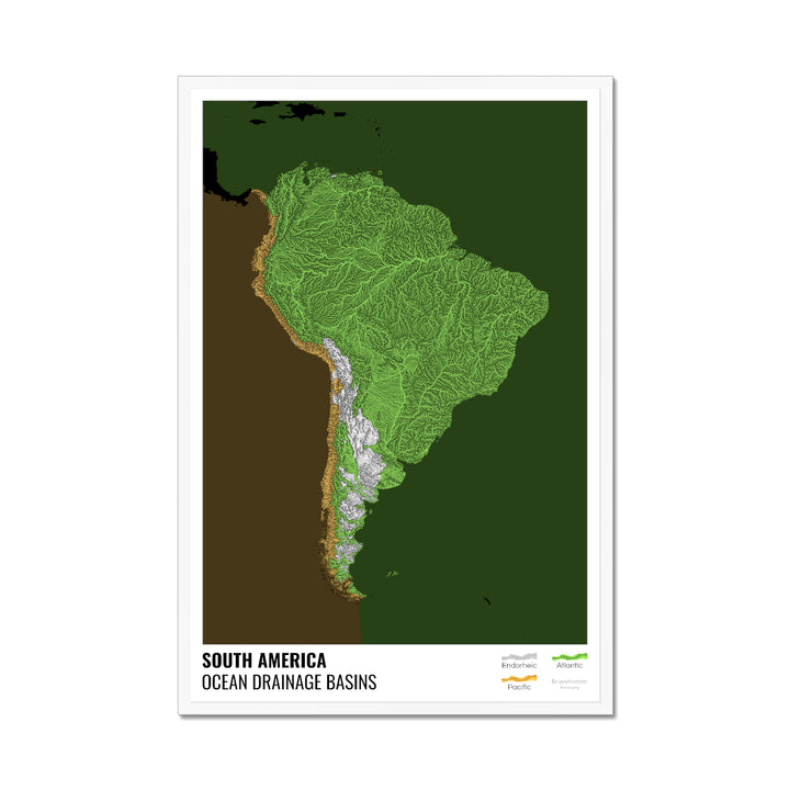 América del Sur - Mapa de la cuenca hidrográfica del océano, negro con leyenda v2 - Lámina enmarcada