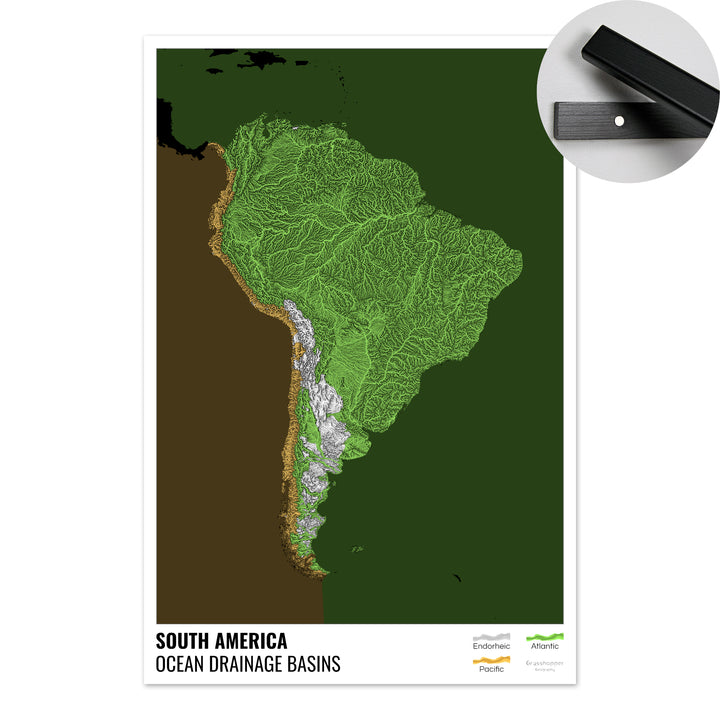América del Sur - Mapa de la cuenca hidrográfica del océano, negro con leyenda v2 - Impresión artística con colgador
