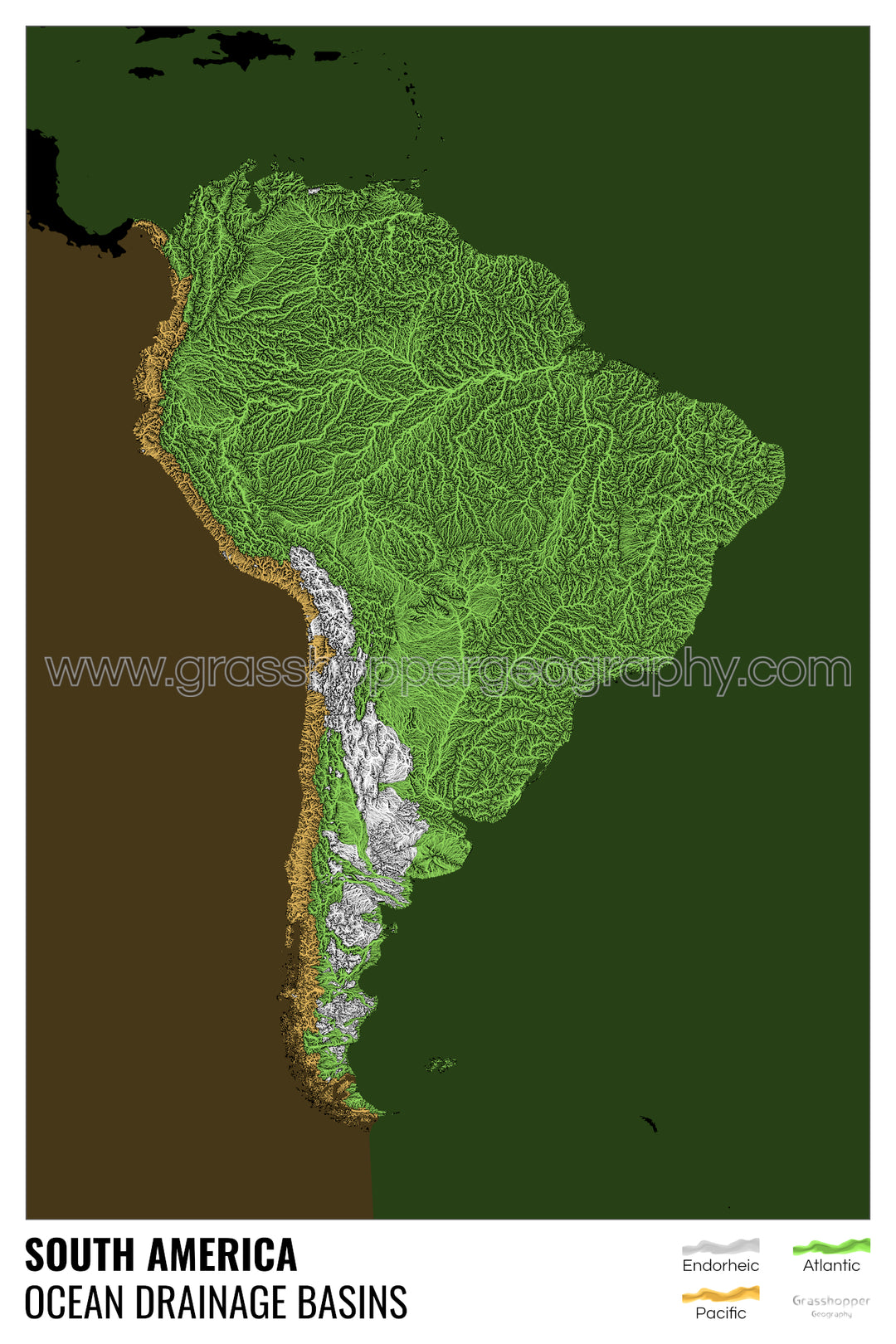 Amérique du Sud - Carte des bassins hydrographiques océaniques, noire avec légende v2 - Fine Art Print